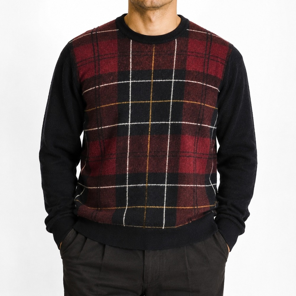 Barbour Pullover Sweater Men's Large Tartan Plaid Front Crew Neck 100% Wool